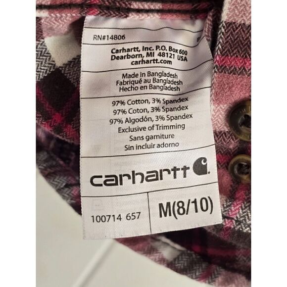Carhartt Flannel Shirt Top Girls Sz M 8/10 Pink Plaid Long Sleeve Button Down - Picture 12 of 13